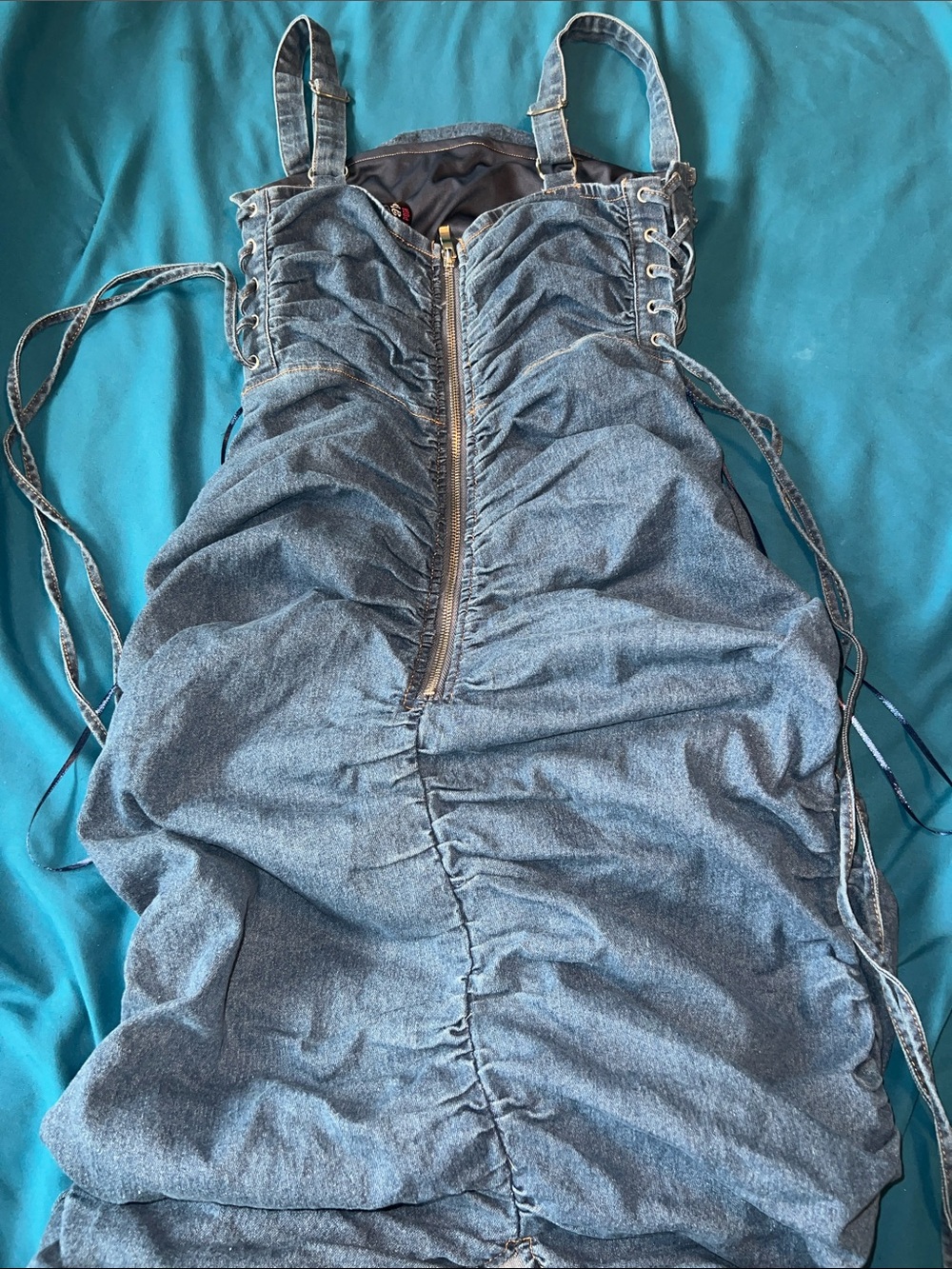Women’s Large Dark Blue Denim Ruched Dress with Adjustable Straps - Picture 11 of 12